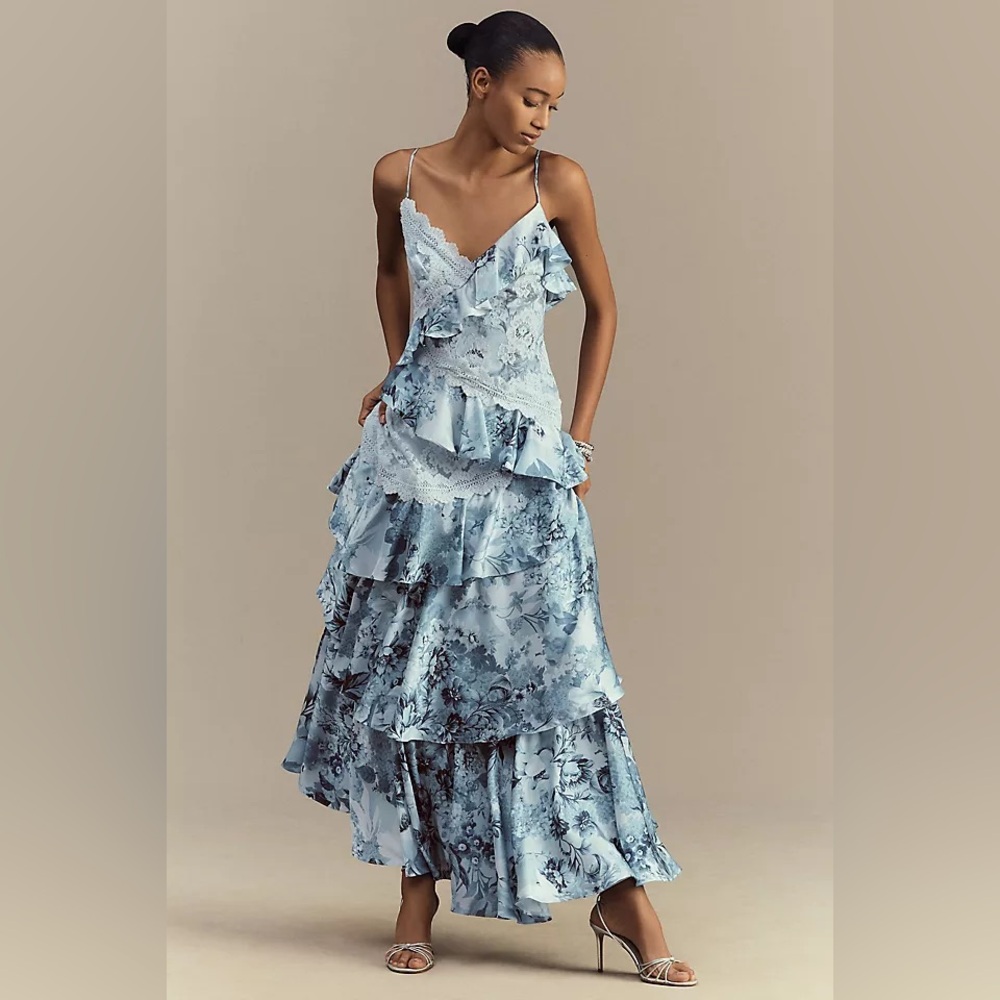 BHLDN blue floral Elora Sleeveless V-Neck Ruffle Lace Maxi Dress